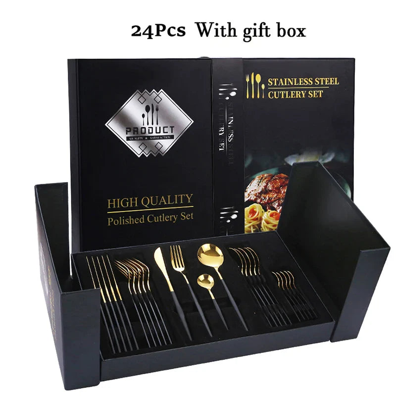 Luxurious Black & Gold Cutlery Set - 24pcs Gift Box