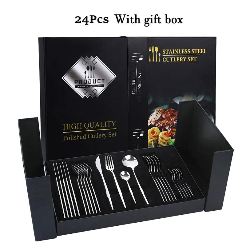 Luxurious Black & Gold Cutlery Set - 24pcs Gift Box