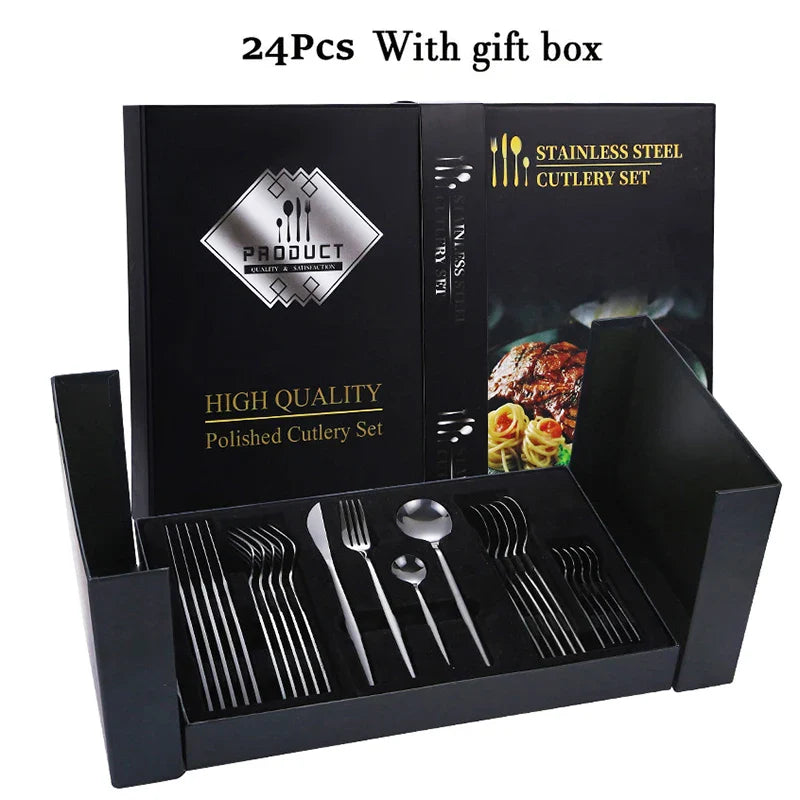 Luxurious Black & Gold Cutlery Set - 24pcs Gift Box