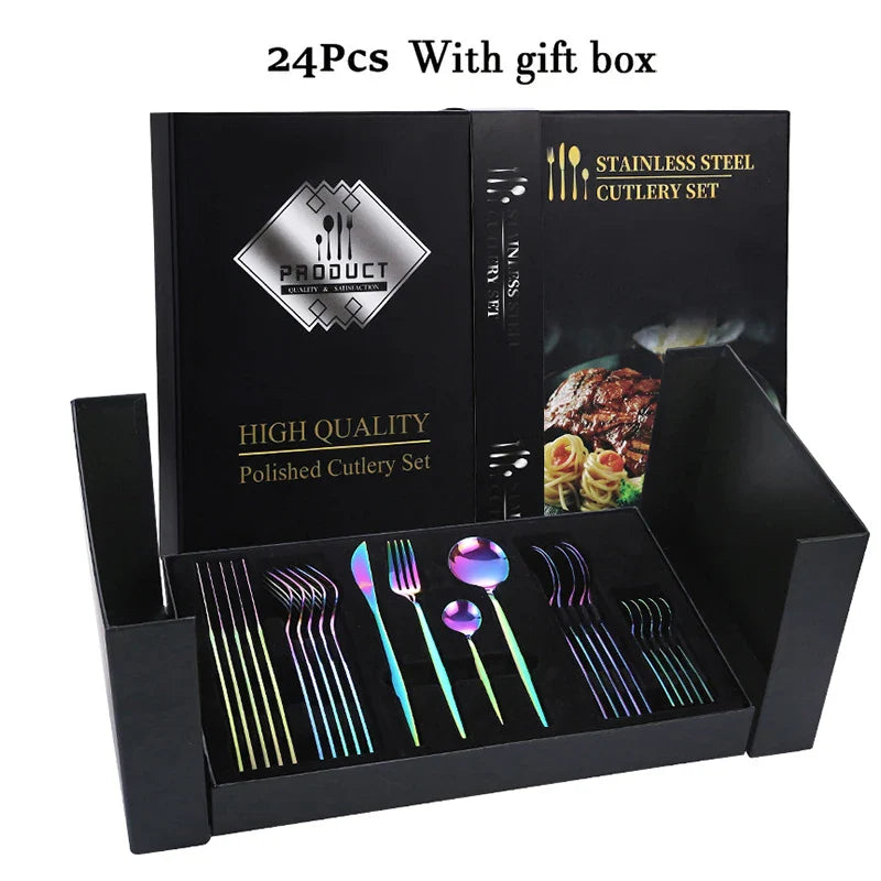 Luxurious Black & Gold Cutlery Set - 24pcs Gift Box