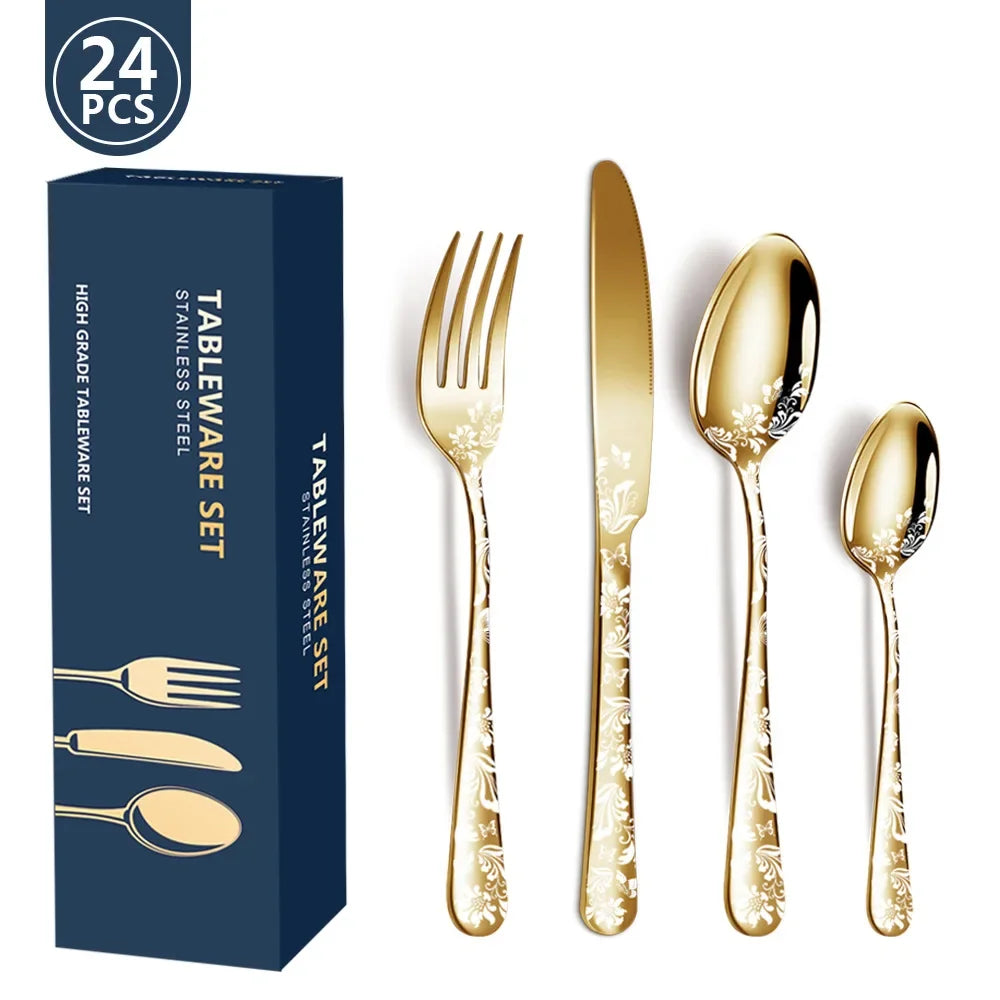 Exquisite 24-Piece Gold Steel Dinnerware Set