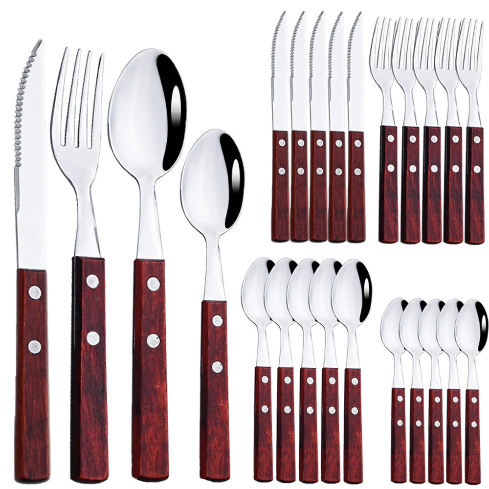 Exquisite Wooden Handle Stainless Steel Cutlery Set - 24Pcs